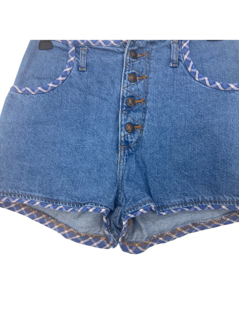 Vintage Retro High-Waisted Denim Shorts With Plaid Trim & Button Fly -Size 11/12 - Picture 3 of 11